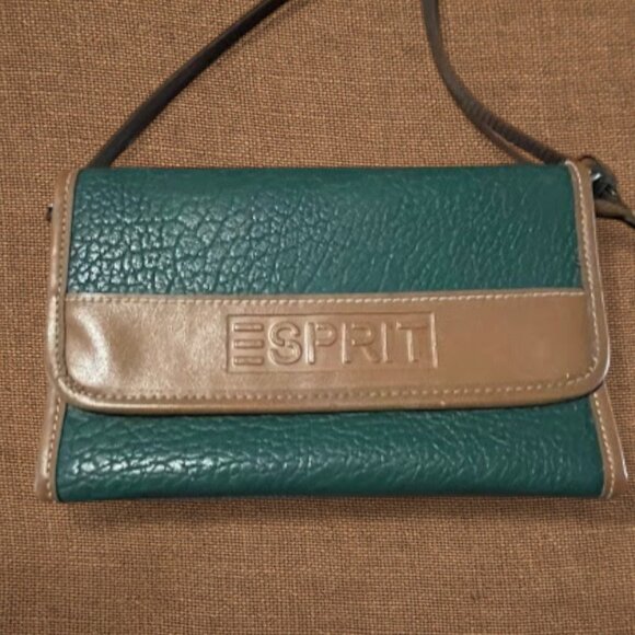 Vintage Esprit 1980's Crossbody Shoulder Bag Credit Card Flap Green and Brown - Picture 7 of 9